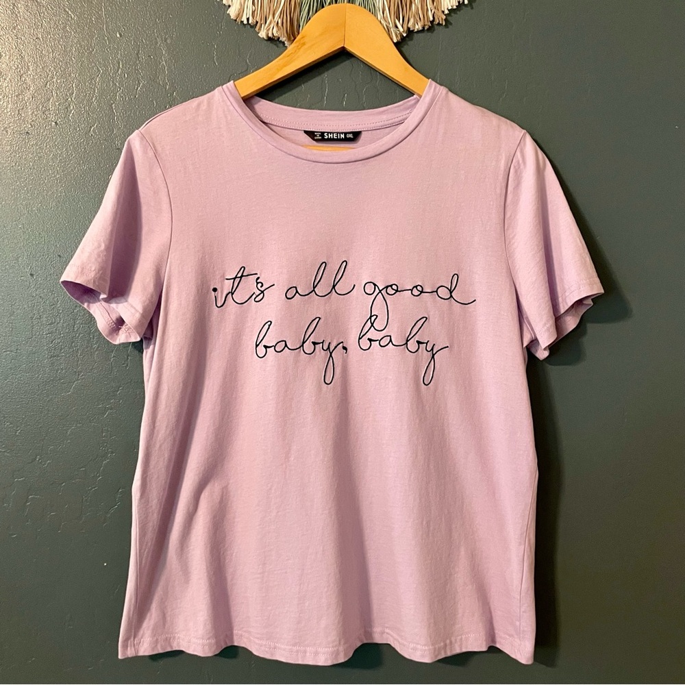 Shein Women’s Lavender ‘It’s All Good Baby, Baby’ Slogan Short Sleeve Tee
